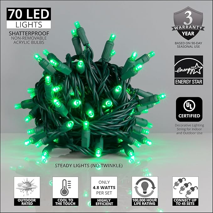 70 Green LED Christmas Lights, 24 ft Green Wire Indoor/Outdoor Mini String, Commercial Grade Tree & Holiday Lighting, 5mm — Halloween & St. Patrick’s Day