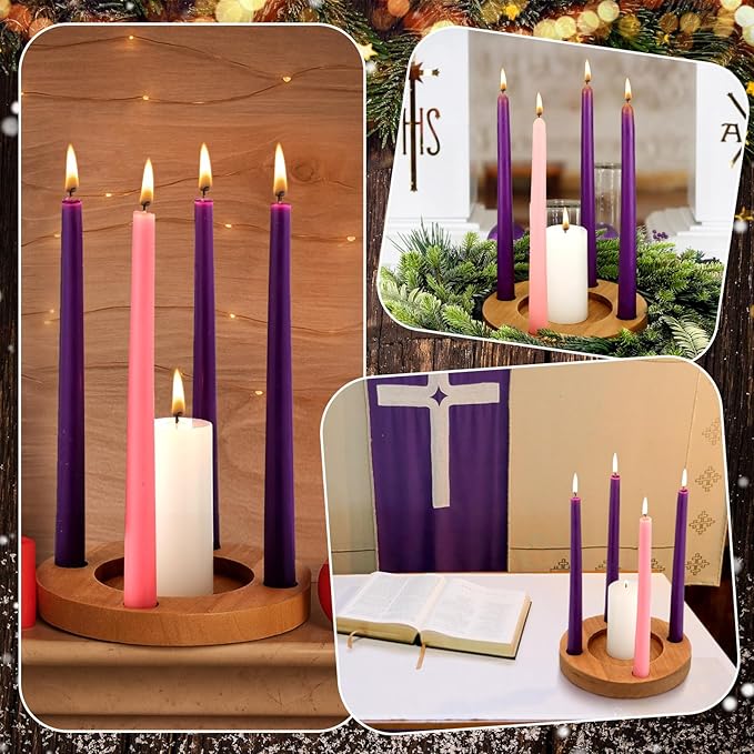 Mumufy 6 Pcs Advent Candle Holder Set Nativity Christmas Centerpiece Religious Decorations Rustic Wooden Advent Candlestick Holders with Purple Pink Taper Candles for Thanksgiving Christmas Nativity