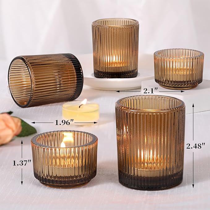20pcs Ribbed Amber Votive Candle Holders, Assorted Glass Tea Light Candle Holders for Fall Decor, Amber Candle Holders for Wedding Centerpieces, Thankgiving and Christmas Decorations