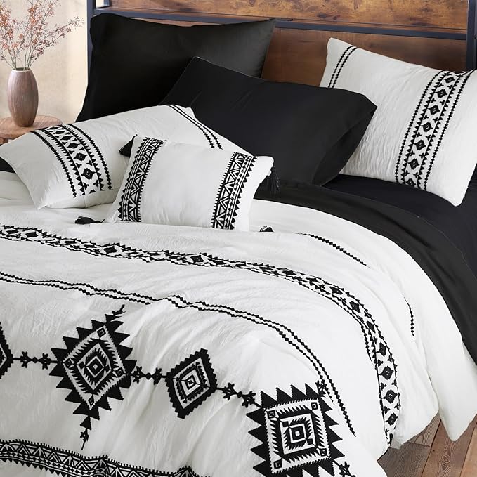 MaiRêve Embroidery Boho Comforter Sets Full Size - 7 Piece, Farmhouse Western White Black Comforter Set, All Season Bed in A Bag Full Size with Sheets, Pillowcases & Shams