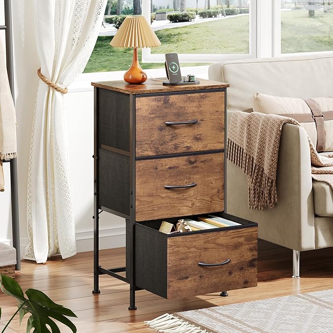 WLIVE Dresser with 3 Drawers, Fabric Nightstand, Organizer Storage Dresser for Bedroom, Hallway, Entryway, Closets, Sturdy Steel Frame, Wood Top, Easy Pull Handle, Rustic Brown Wood Grain Print