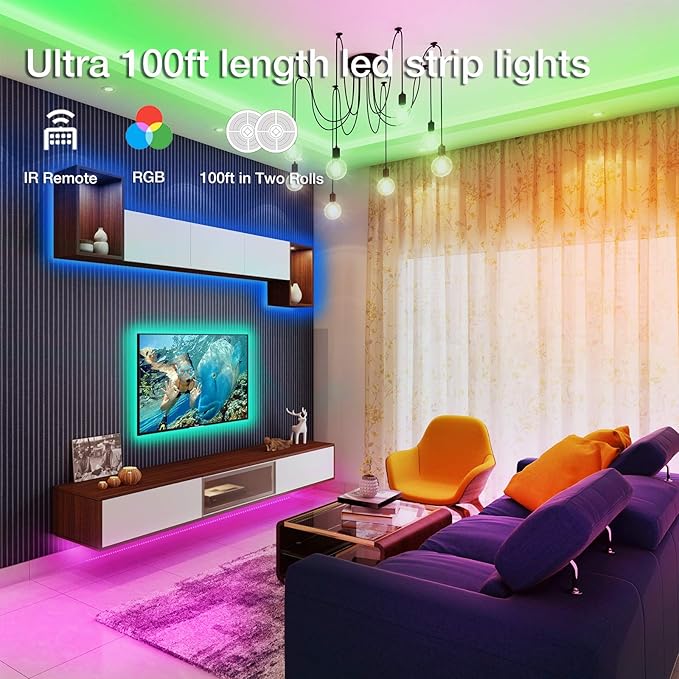 DAYBETTER Led Lights for Bedroom 100 ft, Led Strip Lights with Remote 44 Keys, 24 V Power Supply, Color Changing Led Light for Room Decor
