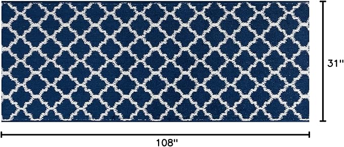 Custom Size Cut to Length Moroccan Trellis Design Runner Rug Mat For Wide Long Hallways with Non-Slip Rubber Backing, Better Traction for Pets, Prevent Slippage, Trellis Navy Blue, 31 inch X 9 feet