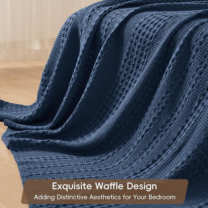PHF 100% Cotton Waffle Weave Blanket King Size for Bed, Soft Lightweight & Breathable, All-Season Comfort, Luxury Aesthetic Woven Bedding for Home Decor, 108"x90", Blue Sapphire