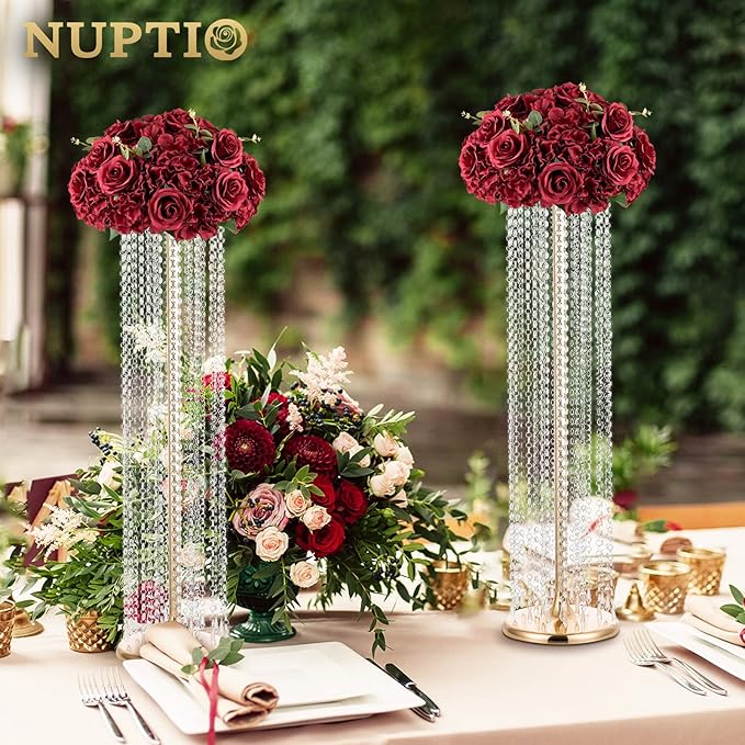 NUPTIO Flower Wedding Centrepieces for Tables: 10 Pcs Burgundy Artificial Flowers Roses Balls 14.2 inch Diam for Centerpiece Fake Silk Rose Arrangements Weddings Reception Birthday Party Decoration