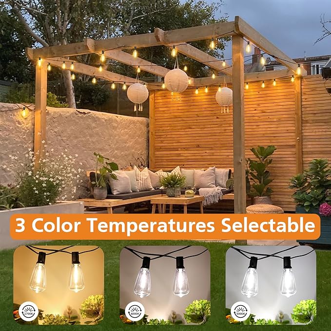 Brightever 200FT Outdoor String Lights with Remote, 2700K/4000K/5000K Selectable LED String Lights for Outside with 100+4 ST38 Edison Bulbs, 3 Modes Dimmable Patio Lights Waterproof for Camping, Deck