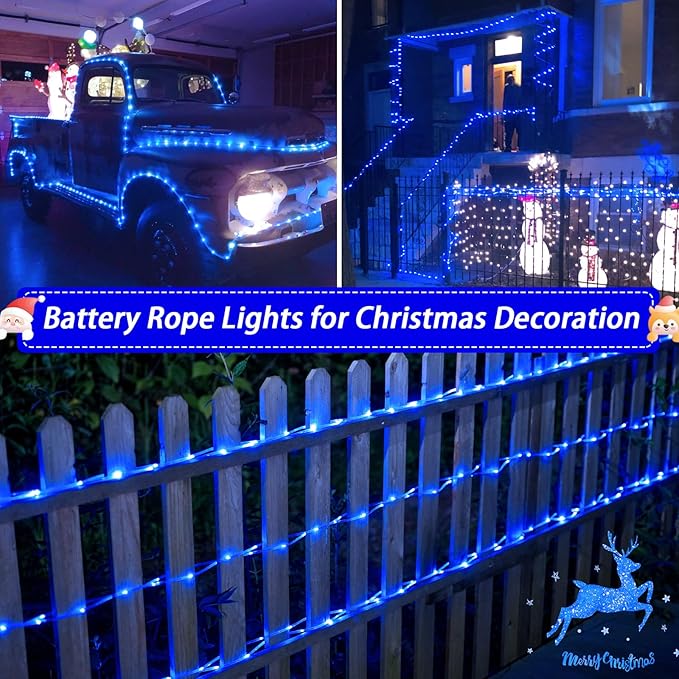 JMEXSUSS 100 LED Blue Battery Operated Rope Lights Outdoor Waterproof, 33ft 8 Modes Battery Christmas Light, Battery Powered String Lights with Remote for Trampoline Camping Canopy Tent Pool Decor