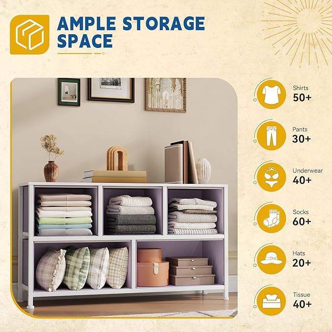 DWVO Dresser with 5 Drawers - Fabric Storage Tower, Organizer Unit for Bedroom, Living Room, Closets - Sturdy Steel Frame, Wooden Top (Purple)