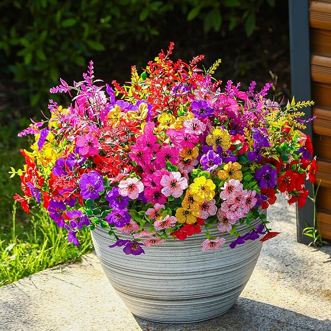 SHareconn 36 Bundles Artificial Flowers for Outdoors Decoration, Faux Plants Fake Silk Colorful Daisy Eucalyptus Lavender, UV Resistant for Outside Home Porch Patio Indoor Spring Decor, Mix 5 Colors