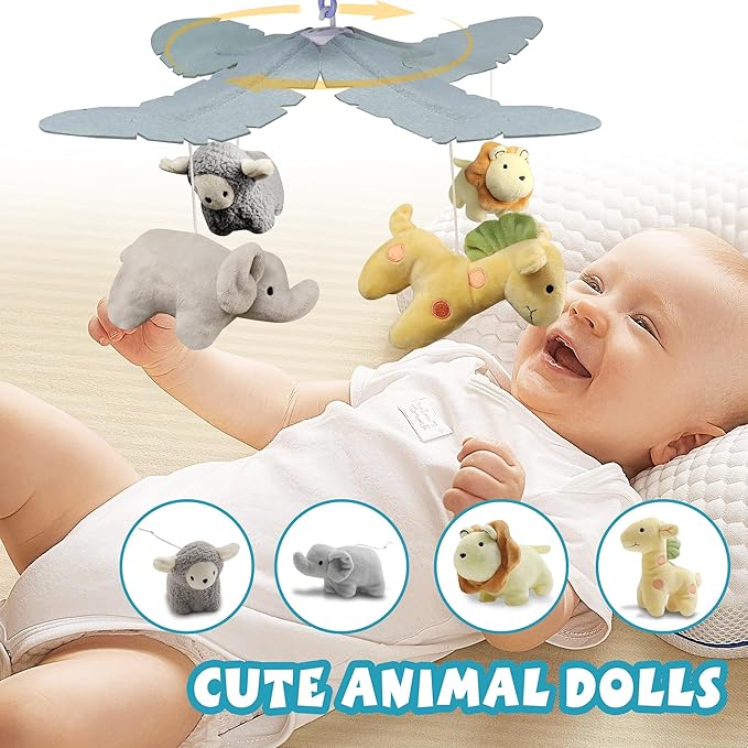 Baby Crib Mobile with Music and Lights for Boys Musical Mobile Animals for Crib Bassinet Girls Toys Hanging Portable Safari Nursery Decor Blue
