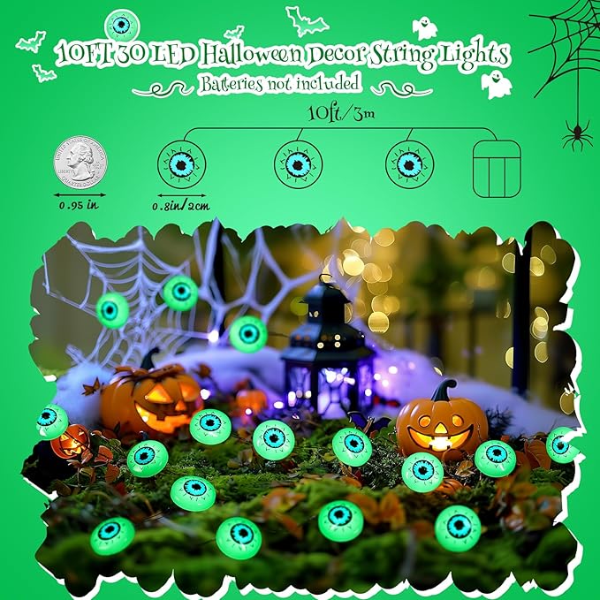 Coquimbo Halloween Decorations Eyeball String Lights, 10FT 30 LED Green Eye Halloween Lights for Indoor and Outdoor Halloweens Party Decorations