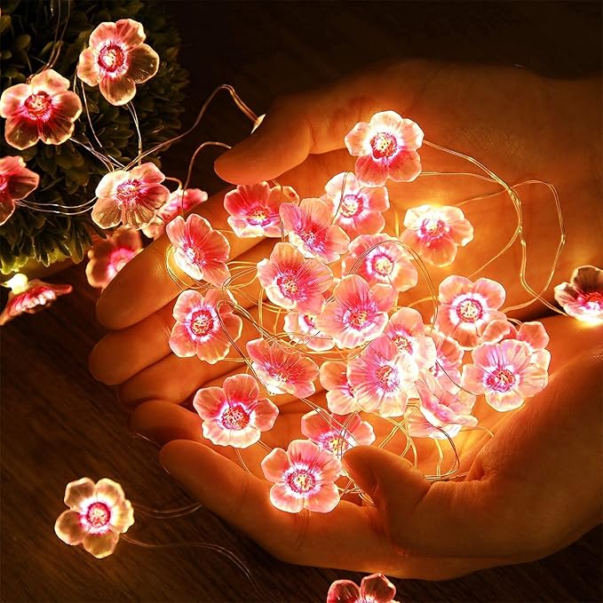 Mudder 13 FT 40 LEDs Cherry Blossom Flower String Lights for Bedroom, Pink Fairy Lights USB and Battery Operated Decorative String Light Indoor Outdoor(2 Pack)