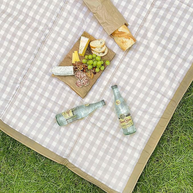 Little Unicorn 5'x10' XL Outdoor Family Picnic & Beach Blanket | Durable & Water-Resistant Fabric | Compact Fold & Easily Wipes Clean | Zipper Pocket (Beige Buffalo Check)