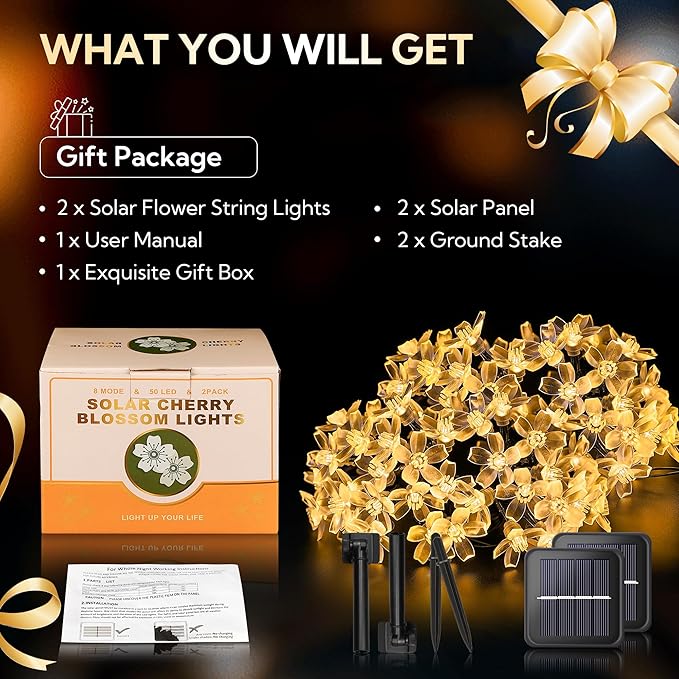 oopswow Solar Flower String Lights,2PACK 50 LED Solar Fairy Light Outdoor Waterproof,Cherry Blossoms String Lights for Fence Patio Yard Christmas Tree,Lawn,Patio,Garden Decoration(Warm White)