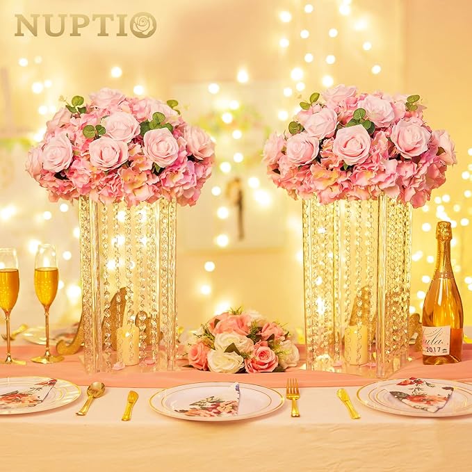 NUPTIO Flower Balls for Wedding Centerpieces - 10 Pcs 15.7 inch Diameter Fake Flower Ball Arrangement Bouquet Party Centerpieces for Tables - Pink Rose Bouquet Centerpiece Flowers for Wedding Table
