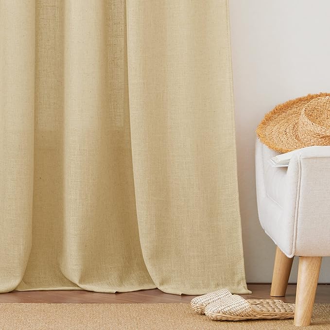 RYB HOME Sheer Curtains 108 inches Long, Linen Textured Wave Semi Sheer Privacy Curtains for Bedroom Living Room High Ceiling Window Decor, Sand, W 52 x L 108, 1 Pair