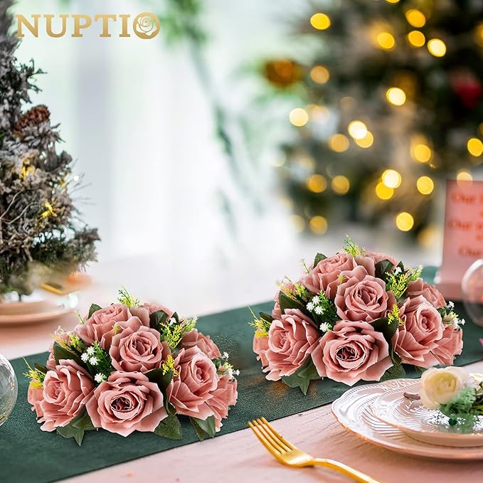 NUPTIO Artificial Flower Centrepieces for Tables - 10 Pcs Dusty Rose Fake Flowers Roses Balls 9.5in Diameter - Silk Faux Rose Arrangement for Wedding Party Centerpiece Table Decorations