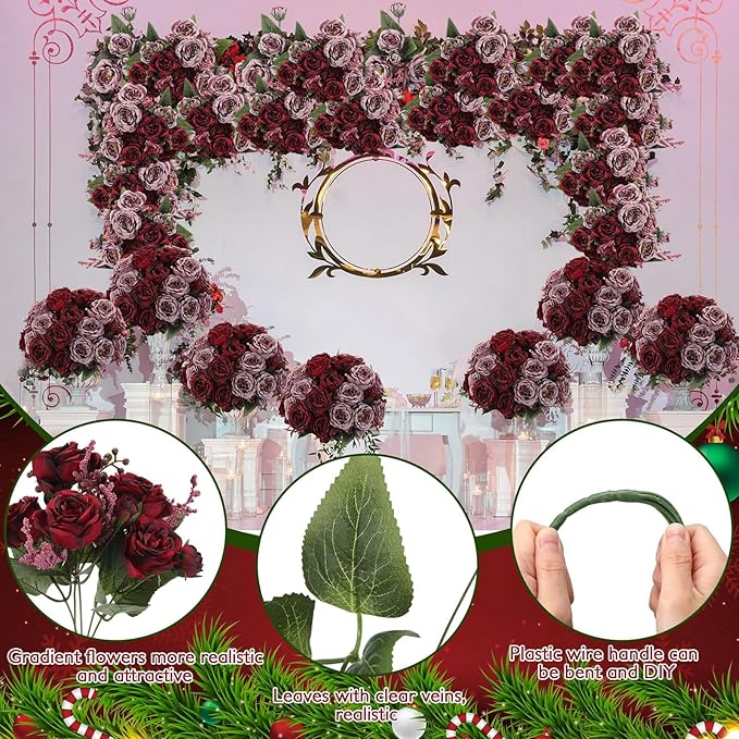 Geosar 8 Bundles Artificial Peonies Flowers Fake Silk Peony Bouquet Faux Peonies Flowers Bulk for Decoration Vase Floral Arrangements Wedding Party Table (Wine Red,Gray)