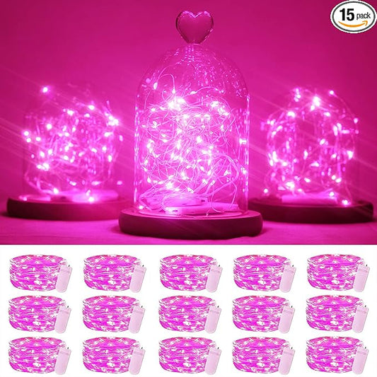 15 Packs 20 Led Pink Fairy String Lights Battery Operated 6.6ft Silver Wire Firefly Starry Lights Waterproof for Bedroom DIY Table Bottle Wedding Valentine's Day Party Decor