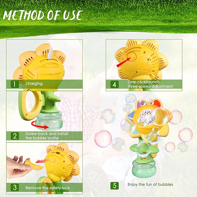 Sunflower Bubble Machine for Kids Automatic Flower Bubble Toy with Colorful Lighting for Toddlers Handheld 20000+Bubbles 3 Modes Fun Swing Dance Bubble Maker Blower Blaster Outdoor Toys Type-C Green