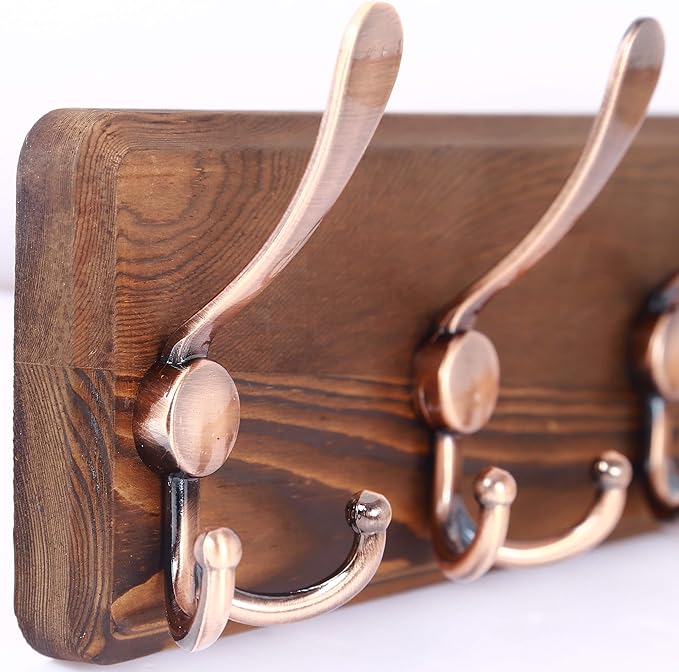 SKOLOO Rustic Pine Wood Wall Coat Rack with 5 Triple Hooks, 16" Hole to Hole, Farmhouse Wall Mounted Coat Rack for Hanging Backpack, Jacket, Hat