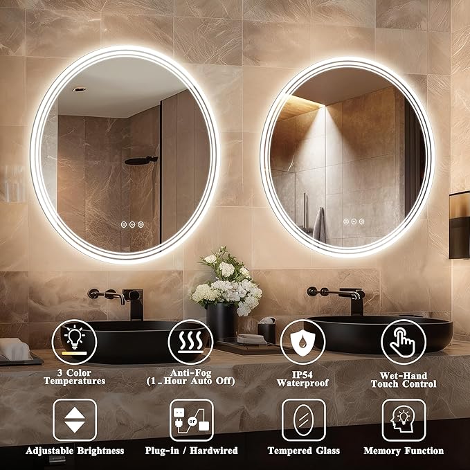 36''x36'' Lighted Mirrors for Bathroom Wall Backlit + Front Lit, Round LED Bathroom Mirror Frameless with Lights Anti Fog, Dimmable, 3 Colors,Tempered Glass, Shatter-Proof