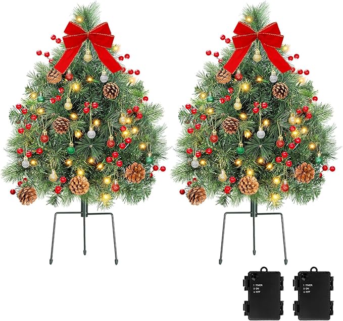 Lewondr Set of 2 Prelit Pathway Christmas Trees, 27.56" Outdoor Christmas Tree with 50 LED Lights, Pine Cones Red Berries, Battery Operated Outdoor Xmas Decor for Yard Home Porch, Green