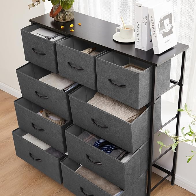 Sweetcrispy 9 Drawer Fabric Dresser Tall Chest Storage Organizer Tower with Cabinet Metal Frame and Wood Top Lightweight Nursery Closet Furniture for Bedroom,Charcoal Grey