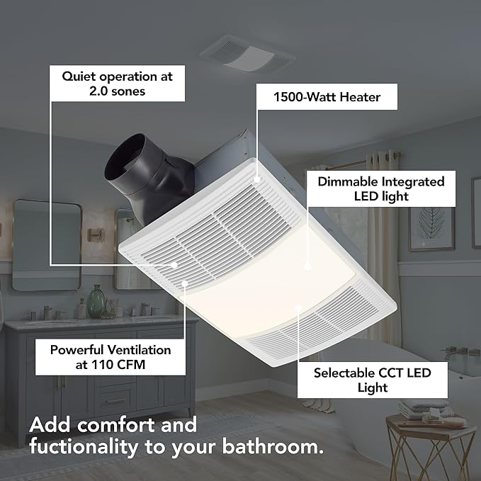 Broan-NuTone BHFLED110 PowerHeat Bathroom Exhaust Fan, Heater, and LED Light Combination, 110 CFM