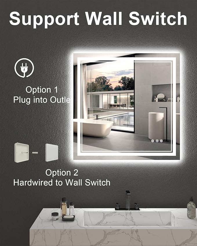 36x36 Inch LED Bathroom Mirror with Lights, Square Lighted Vanity Mirror for Bathroom Wall Mounted with Ample Illumination of 1 Backlit + 2 Front Lits, Defogging, Stepless Dimmable, Tempered Glass