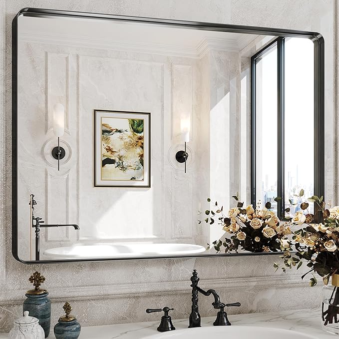 Suidia Bathroom Mirror, 30" x 40" Wall Mirror Metal Framed, Bathroom Vanity Mirror for Living Room Bedroom Bathroom Entryway, Black, Rounded Corner Style