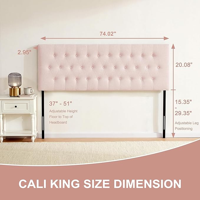 Tufted Upholstered Headboard California King Size, Solid Wood Head Board with Durable Metal Legs, Adjustable Height Bed headboard from 37” to 51” Fabric Headboard in Button Design, Pink