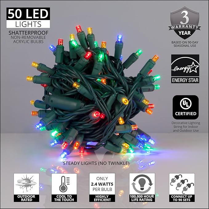 50 Multicolor 5mm LED Christmas Lights, 25 ft Green Wire Indoor/Outdoor Wide Angle Mini String, 6" Spacing, Commercial Grade Party & Holiday Decorations