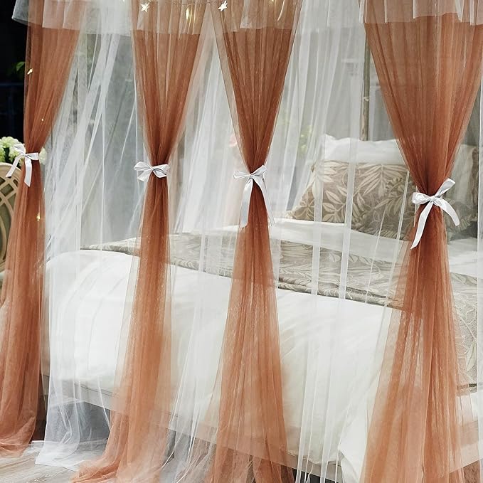 Joyreap Luxury 4 Corners Post Canopy Bed Curtains - Coral & White Cozy Drape Netting - Cute Princess Bedroom Decoration Accessories(Reddish Brown, 47" W x 78" L, Twin)