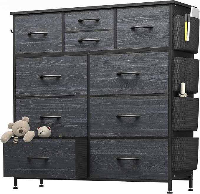 Dresser for Bedroom with 10 Drawers, Chest of Drawers with Side Pockets, Hooks, Wooden Top and Sturdy Metal Frame, Fabric Dresser Drawers for Living Room, Hallway (Black Wood Veins)