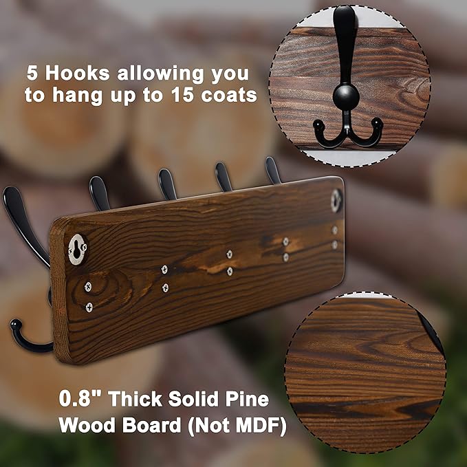 Dseap Coat Rack Wall Mounted - 24" Long 6 Tri Hooks, Heavy Duty Wooden Wall Coat Hanger Coat Hook for Clothes Hat Jacket Clothing, Weathered Yellow and Black