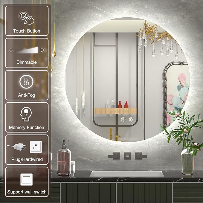 40 Inch Round LED Mirror, Backlit Round Lighted Bathroom Mirror,Large Circle Vanity Wall Mounted, Anti-Fog, Dimmable, 3000K/4500K/6000K