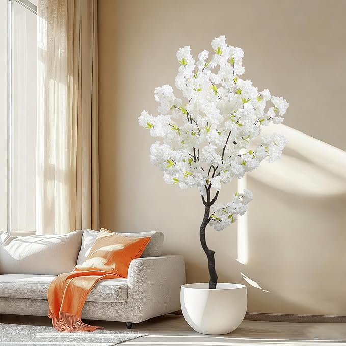 Large Artificial White Cherry Blossom 6ft(72in) Faux Floor Green Plant for Indoor Decor Natural Potted Tree Realistic Cherry Flowers Wood Trunk for Home Living Room,Office Perfect Housewarming Gift