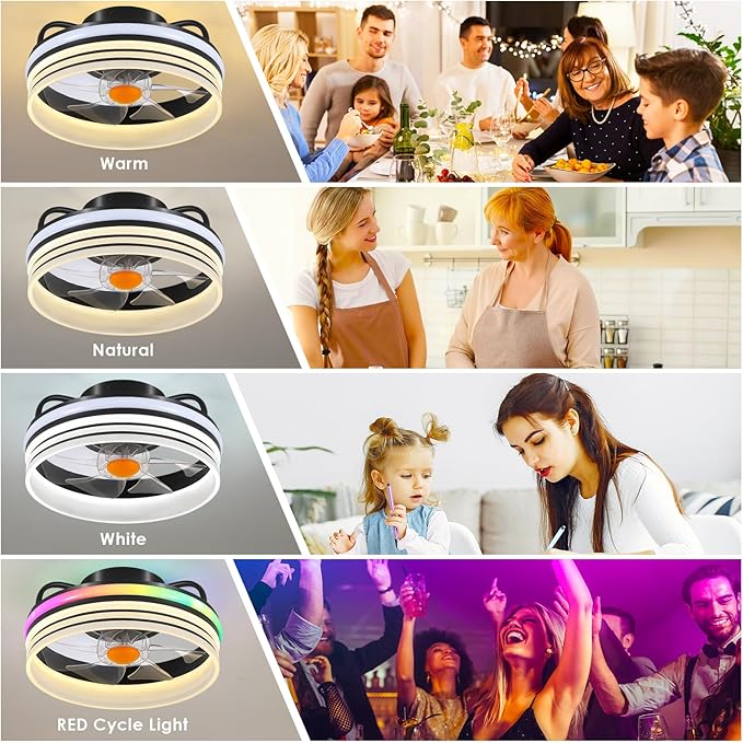 Flush Mount Ceiling Fan with Light - Small Low Profile Ceiling Fan,13" RGB Dimmable LED Bladeless Ceiling Fans, Modern Enclosed LED-RGB Ambient Light for Bedroom, Kids Room, Party