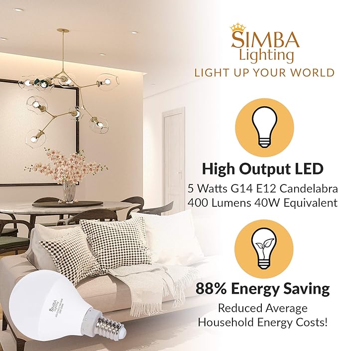 Simba Lighting LED Candelabra E12 Base G14 Small Globe 5 Watt 40W Replacement Light Bulb (6 Pack) for Ceiling Fan, Chandelier, Vanity, Round A15 Frosted White Cover, Non-Dimmable, 5000K Daylight