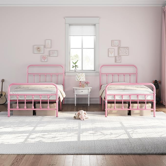 Yaheetech Classic Metal Platform Bed Frame Mattress Foundation with Victorian Style Iron-Art Headboard/Footboard/Under Bed Storage/No Box Spring Needed/Twin Size Pink