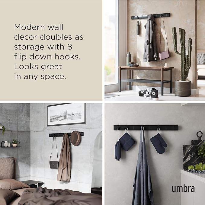 Umbra Flip 8 Hook Wall Mounted Coat Rack, Black