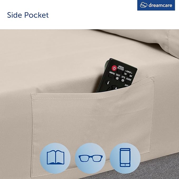 DREAMCARE Queen Size Sheets - Cooling Bed Sheets - 4pcs Set - up to 15" Deep Pocket Queen Sheet Set - Sheets Queen Size Bed - Soft & Long Lasting 100% Fine Microfiber with Side Pocket - Beige