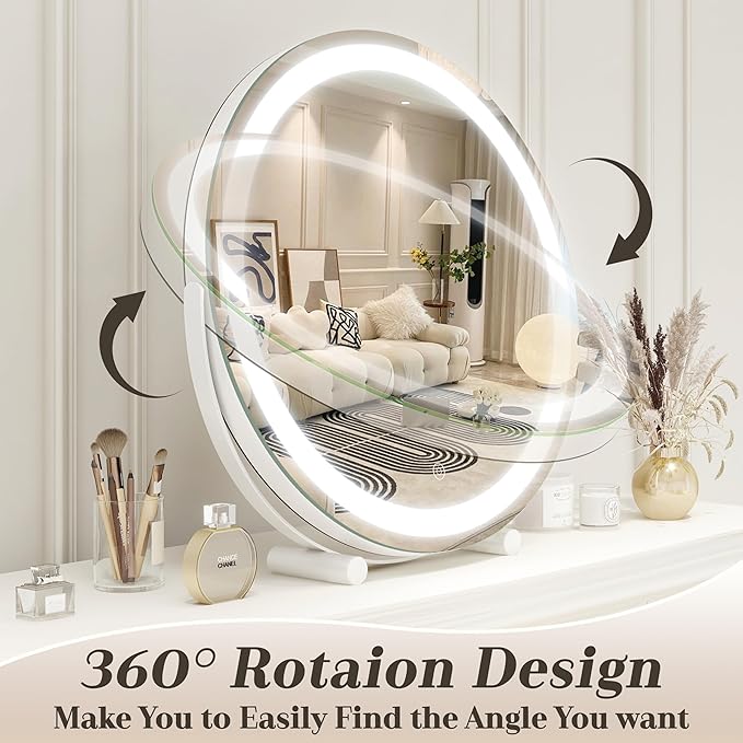 Vanity Makeup Mirror with Lights, 18 Inch LED Makeup Mirror, Lighted Vanity Mirror with Lights, Smart Touch Control 3 Colors Dimmable Round Mirror, Tabletop ＆ Desk Mirror, 360°Rotation (White)