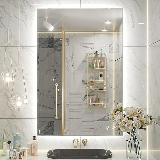 Keonjinn 24 x 36 Inch Backlit Mirror for Bathroom, Anti-Fog Led Mirror, CRI90+ HD Tempered Glass, Stepless Dimmable Lighted Mirror, High Lumen, UL Listed, Waterproof, Horizontal/Vertical