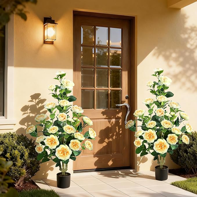 Faux Outdoor Plants 2 Pcs - 39’’ Artificial Camellia Tree Potted with Yellow Flowers, Artificial Plants Outdoor Porch Front Door Garden Indoor Office Home Wedding Decor Housewarming Gift
