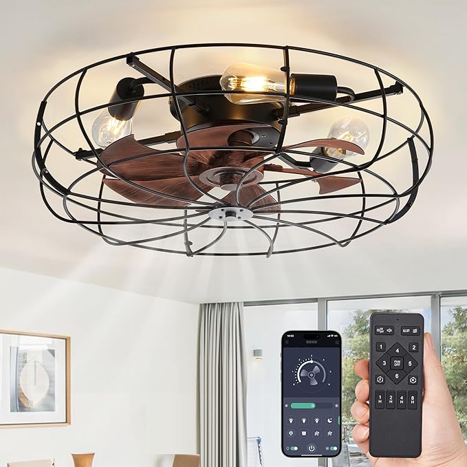 LEDIARY 23 Inch Large Caged Ceiling Fan with Light, Flush Mount Low Profile with Remote Control, Farmhouse Industrial Bladeless Fan Light for Bedroom, Kitchen, Indoor