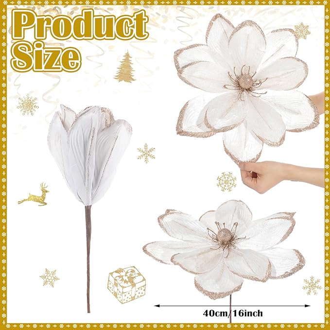 8 Pcs Large Christmas Flower Magnolia Flowers Christmas Tree Decoration Artificial Poinsettia Stems Velvet Xmas Ornaments for Xmas Tree Table Decor(White,16 Inch)