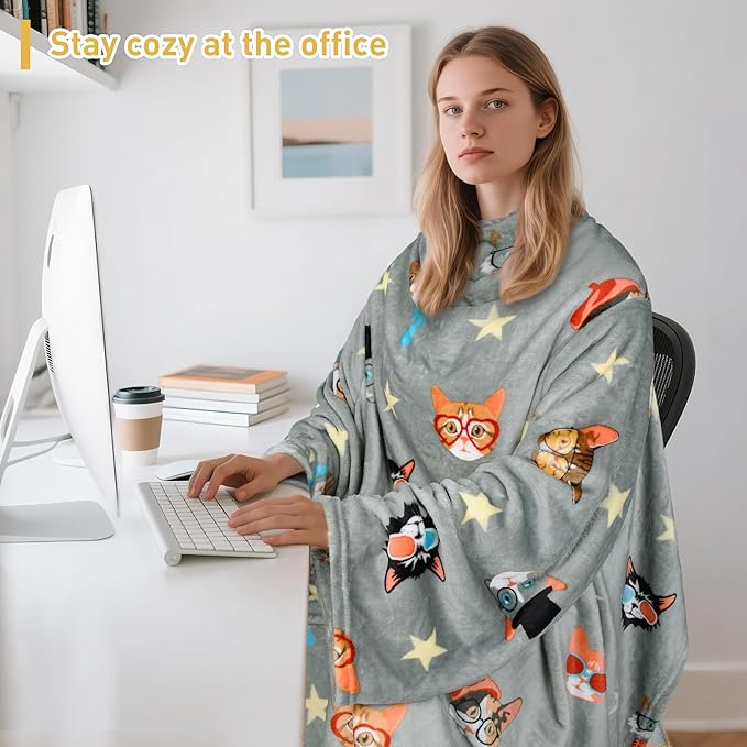 Catalonia Cat & Dog Print Wearable Blanket with Sleeves and Foot Pocket – Ultra-Soft Warm Fleece Long Throw Snuggly Blanket for Sleeping & TV Time – Cozy Christmas Gift for Women & Men
