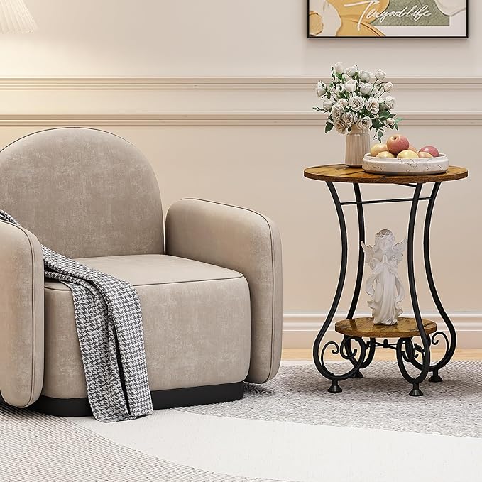Side Table,Small Round End Table with Lower Shelf for Small Spaces, Portable Couch Sofa Coffee Table,Bedside Nightstand Table with Metal Frame,Retro Accent Drink Table for Living Room Bedroom Balcony